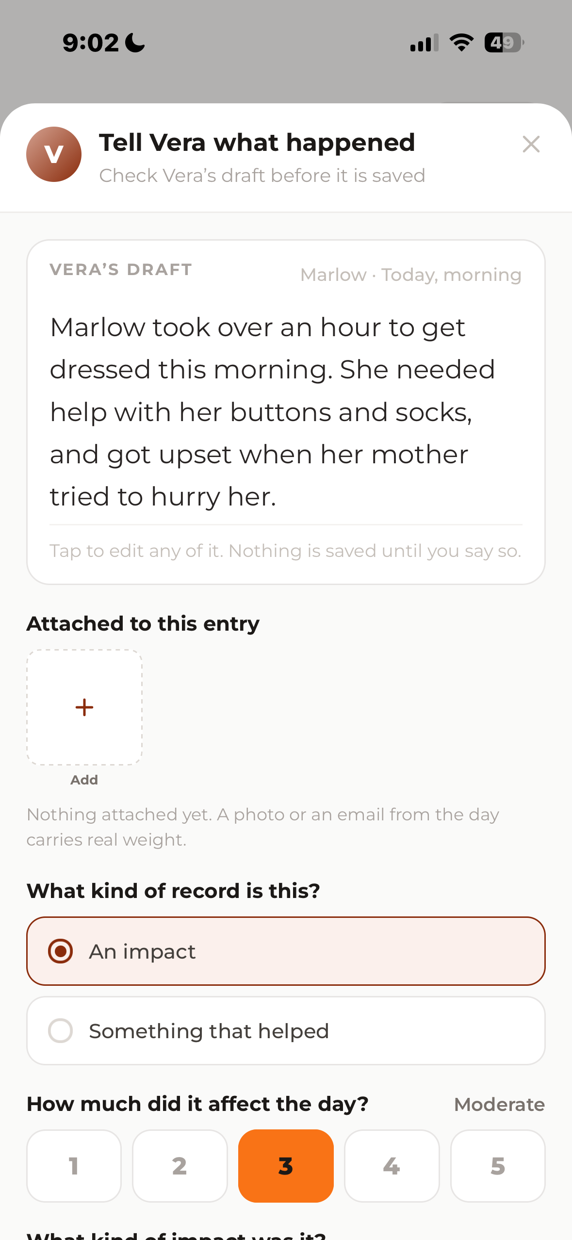 Preview of Impact Vault Care: Vera drafts an entry to check before saving