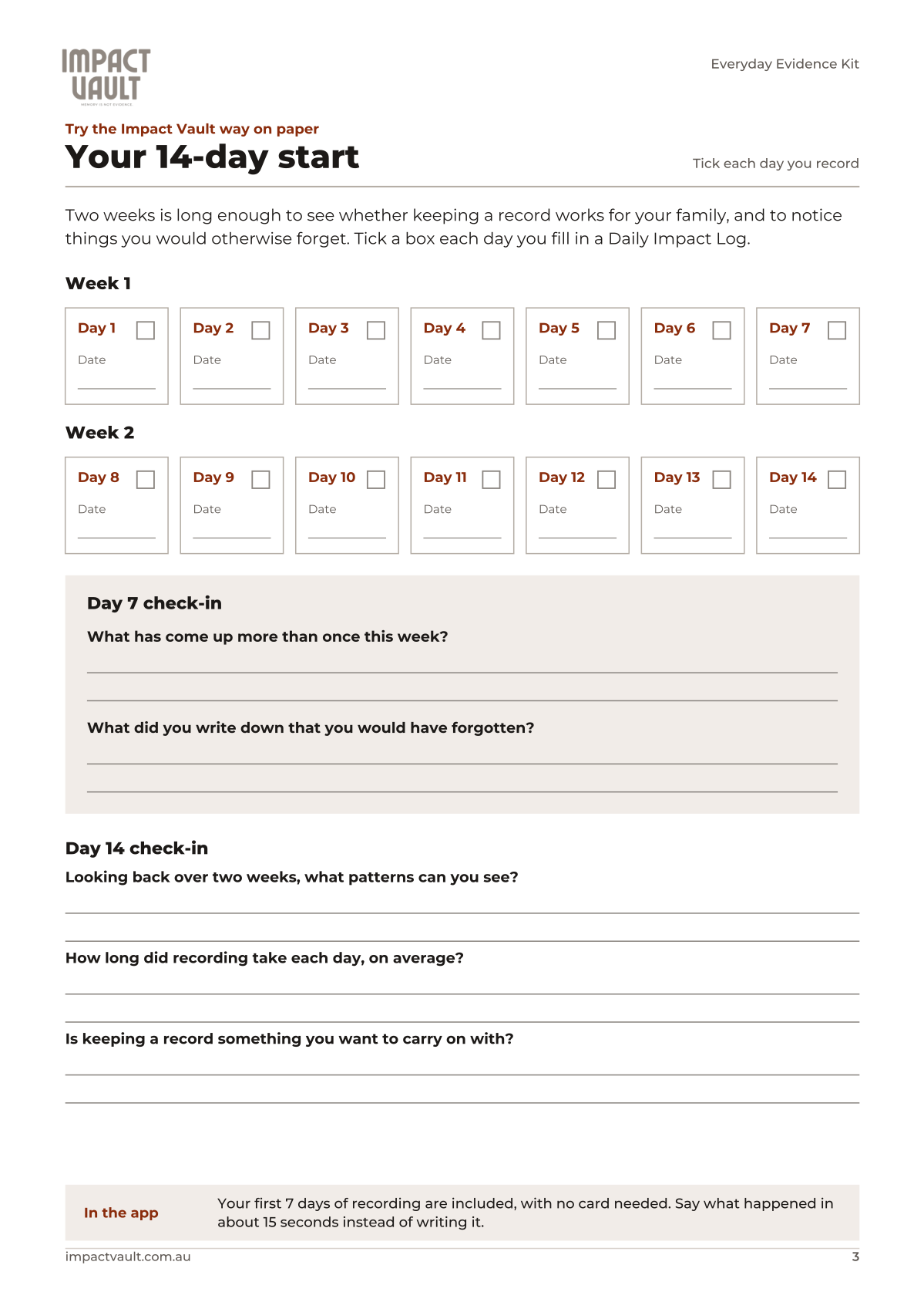 Preview of the 14-day start tracker page